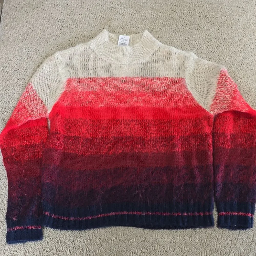 American Eagle Ombre Tan Red Blue Stripe Mock Neck Cozy Sweater - Size Medium - Picture 3 of 13